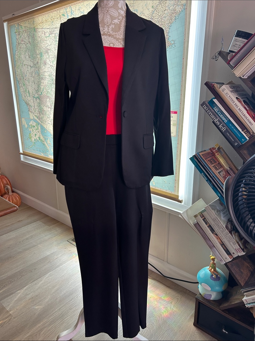 Classic Black Women's Pantsuit with Red Shell